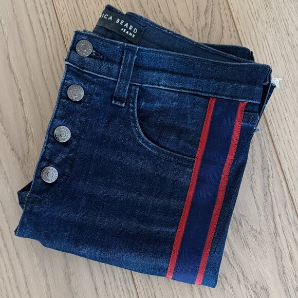 Veronica Beard Navy Stripe Button-Fly Flare Jeans | Size 29 - Picture 8 of 9